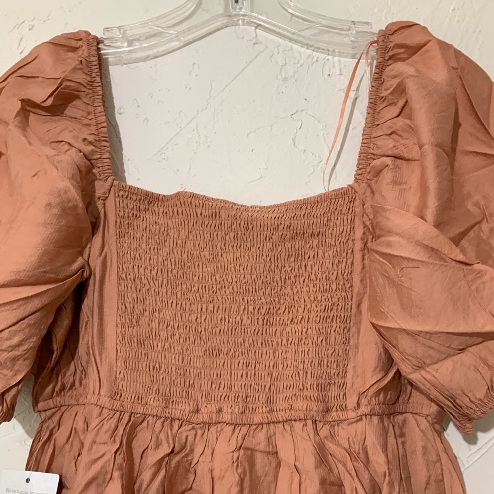 NWT Blu Pepper Peachy Brown Puff Sleeve Pleated Bodice Mini Dress Sz Large - Picture 8 of 9
